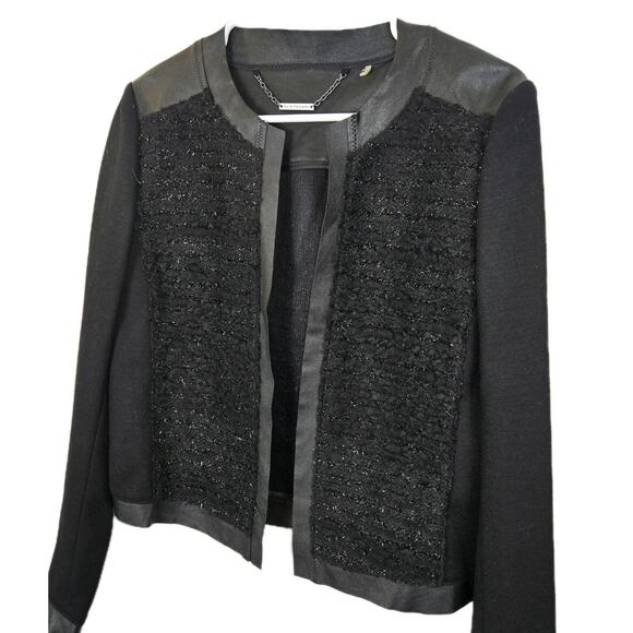 Elie Tahari Open Front Wool Lamb Leather Jacket MED Silver Shimmer Moto Luxury - Picture 1 of 10